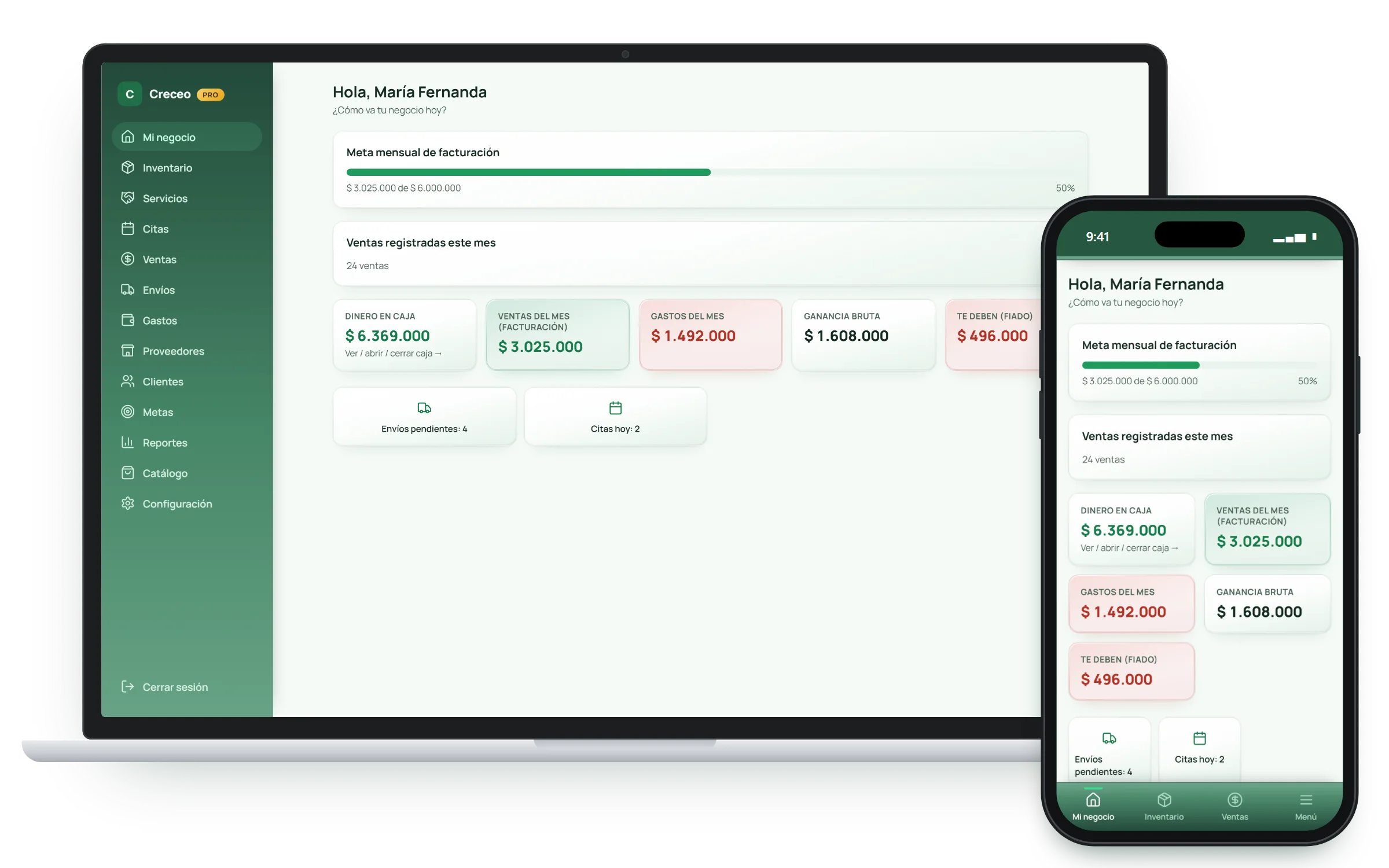 Creceo en computador y celular: ventas del mes, gastos, ganancia bruta y dinero en caja